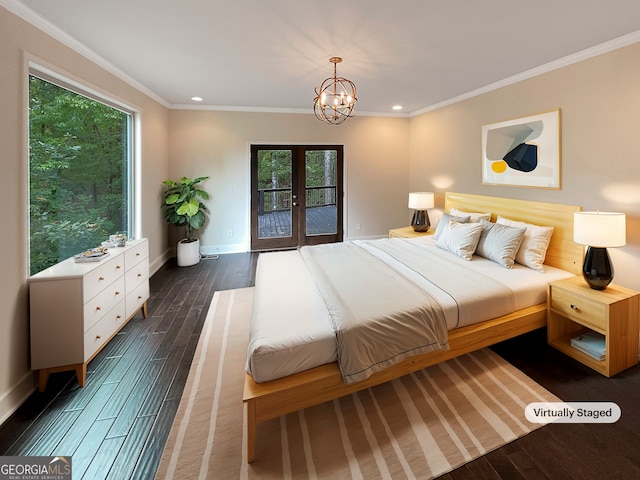 bedroom featuring an inviting chandelier, dark hardwood / wood-style floors, access to exterior, and crown molding