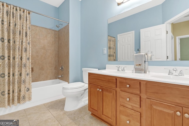 full bath featuring toilet, shower / bathtub combination with curtain, a sink, and tile patterned floors