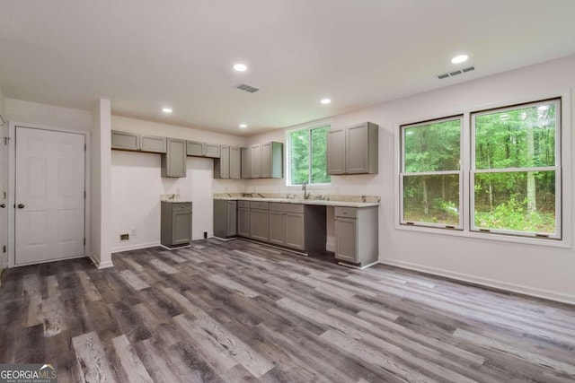 kitchen featuring gray cabinets and dark hardwood / wood-style floors