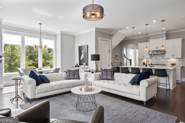 living room with ornamental molding, a notable chandelier, sink, and dark hardwood / wood-style flooring