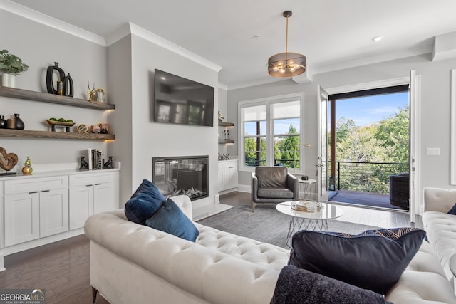 living room with dark hardwood / wood-style floors and ornamental molding