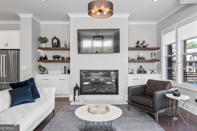 living room with crown molding and dark hardwood / wood-style flooring