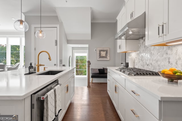 kitchen featuring a center island with sink, pendant lighting, dark hardwood / wood-style floors, and stainless steel appliances