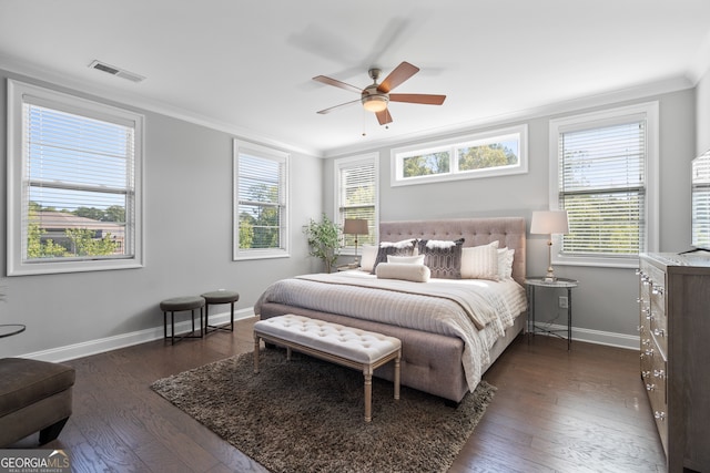 bedroom with dark hardwood / wood-style floors, ornamental molding, multiple windows, and ceiling fan