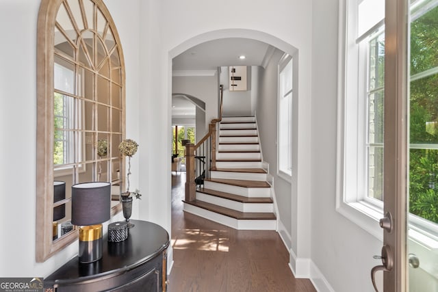 entryway featuring ornamental molding and dark hardwood / wood-style flooring