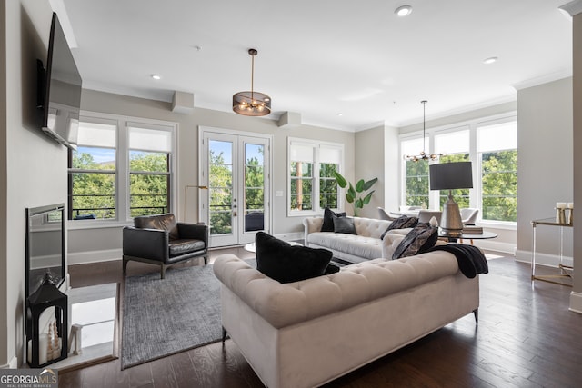 living room with french doors, dark hardwood / wood-style floors, and ornamental molding