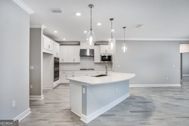 kitchen with built in microwave, sink, white cabinetry, and a kitchen island with sink