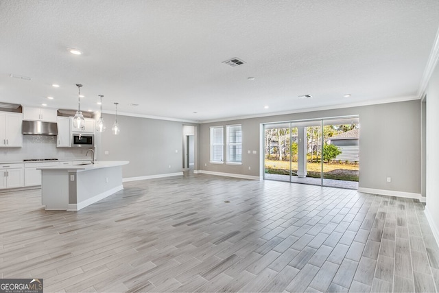 unfurnished living room featuring ornamental molding, sink, a textured ceiling, and light hardwood / wood-style floors