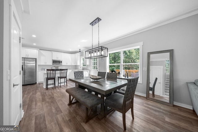 dining space featuring ornamental molding, sink, and dark wood-type flooring