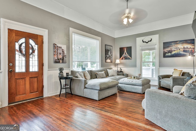 living room featuring ceiling fan, crown molding, and dark wood-type flooring