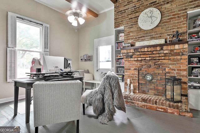 office with beam ceiling, ceiling fan, hardwood / wood-style flooring, and crown molding