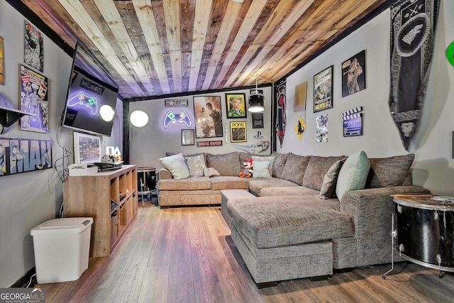 living room featuring hardwood / wood-style flooring and wooden ceiling