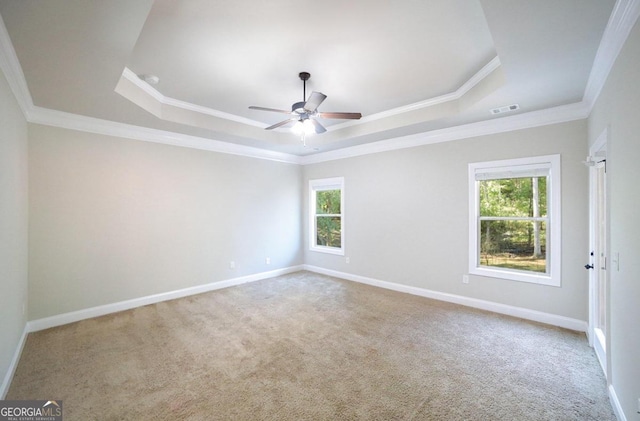 spare room with ornamental molding, a wealth of natural light, a tray ceiling, and light colored carpet