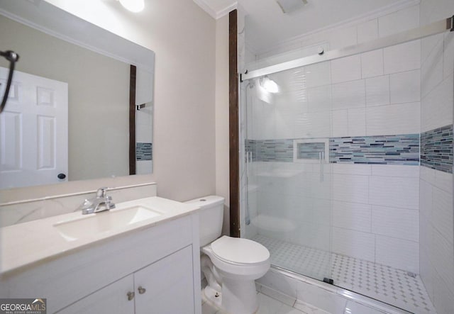 bathroom featuring crown molding, walk in shower, vanity, and toilet