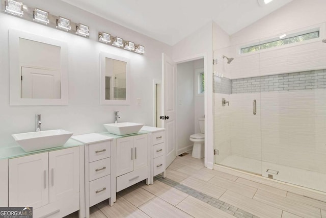 bathroom featuring vanity, lofted ceiling, toilet, and a shower with door