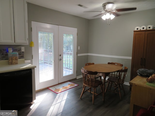 dining area featuring a wealth of natural light, ceiling fan, dark hardwood / wood-style floors, and french doors