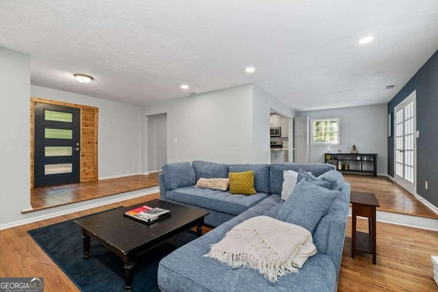 living room featuring hardwood / wood-style flooring and a textured ceiling