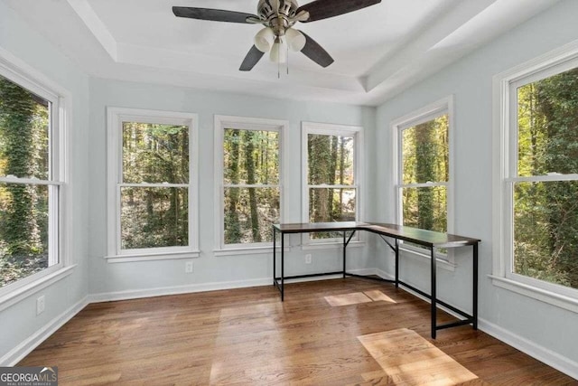 unfurnished sunroom with ceiling fan, a raised ceiling, and a healthy amount of sunlight