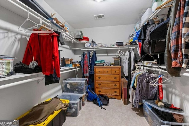 spacious closet featuring light carpet