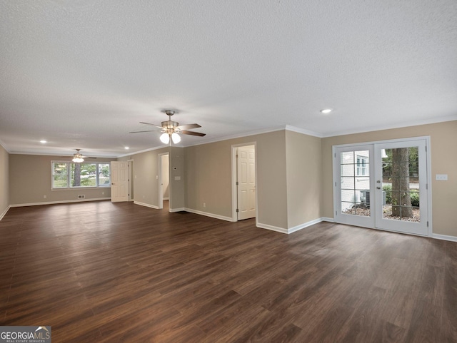 unfurnished living room with ceiling fan, french doors, plenty of natural light, and dark hardwood / wood-style floors