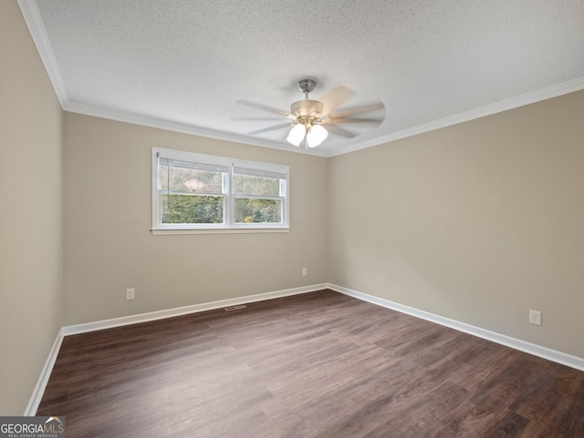 unfurnished room featuring a textured ceiling, dark hardwood / wood-style flooring, and crown molding