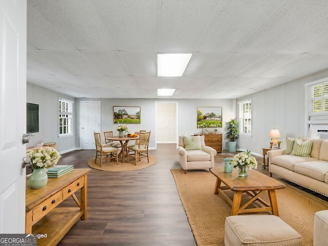 living room featuring a drop ceiling and dark wood-type flooring