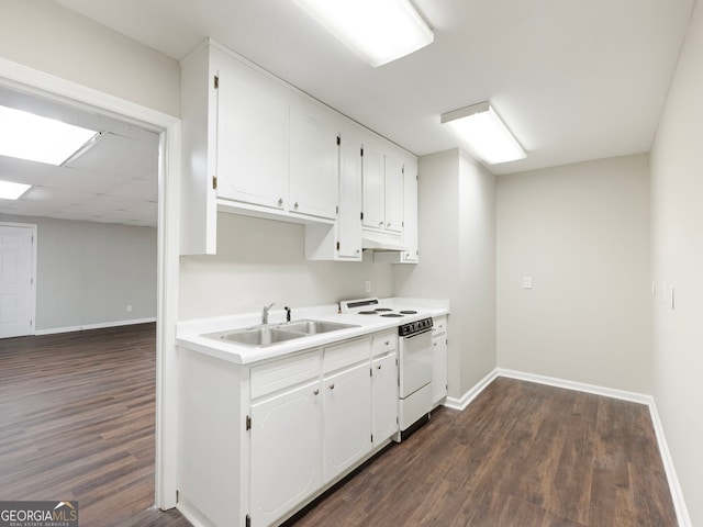 kitchen with white cabinets, white electric range oven, dark hardwood / wood-style floors, and sink