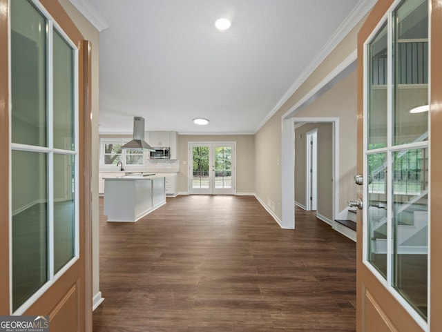 interior space featuring french doors, dark hardwood / wood-style floors, sink, and crown molding