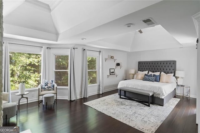 bedroom with lofted ceiling, a barn door, and dark hardwood / wood-style flooring