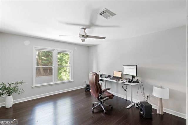 office area featuring ceiling fan and dark hardwood / wood-style flooring