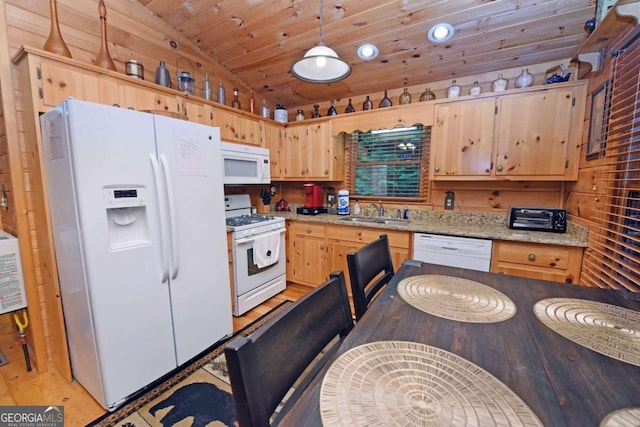 kitchen featuring lofted ceiling, light stone counters, white appliances, wooden ceiling, and decorative light fixtures