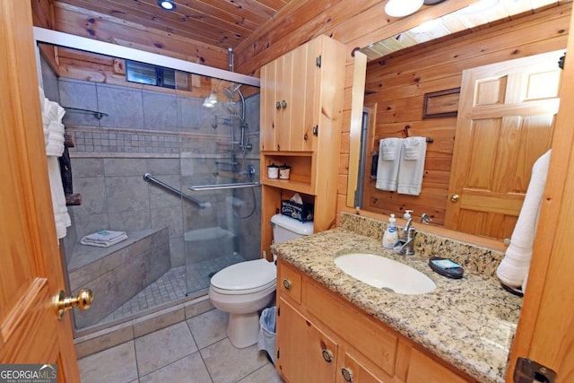 bathroom with vanity, wood ceiling, wood walls, an enclosed shower, and toilet