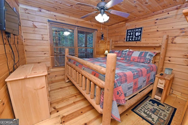 bedroom featuring wood ceiling, light hardwood / wood-style flooring, wooden walls, and ceiling fan