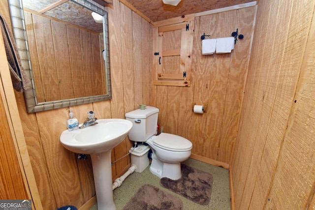 bathroom with wooden walls and toilet