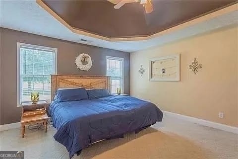 carpeted bedroom featuring a raised ceiling and ceiling fan