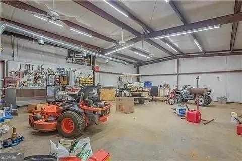 garage with a workshop area