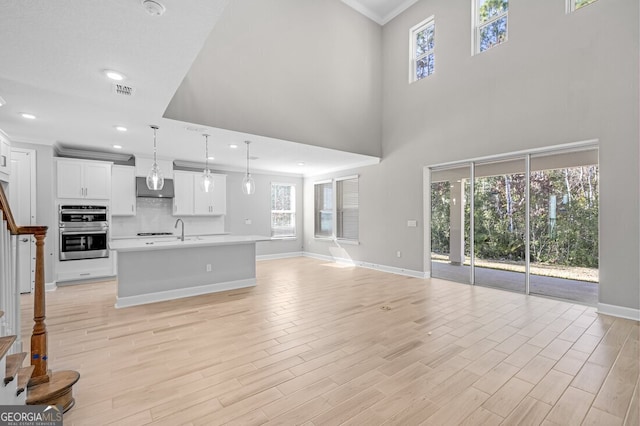 unfurnished living room with light wood-type flooring, sink, and crown molding