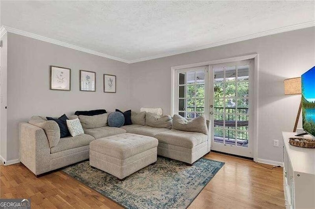 living room with hardwood / wood-style floors, a textured ceiling, and ornamental molding