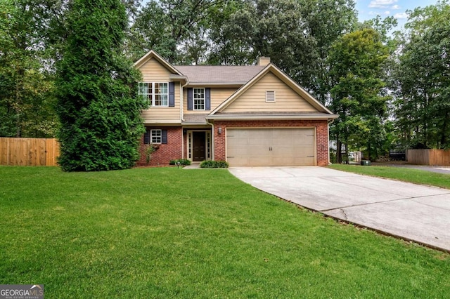 view of property featuring a front yard and a garage