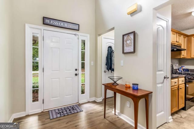 entrance foyer featuring a textured ceiling and light hardwood / wood-style flooring