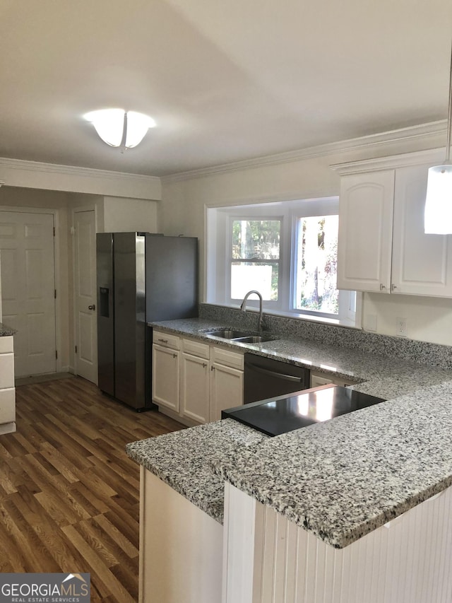 4330 Cedar Valley Ln, Conley, GA 30288 - kitchen featuring stainless steel refrigerator with ice dispenser, dark wood-style flooring, crown molding, dishwasher, and white cabinetry