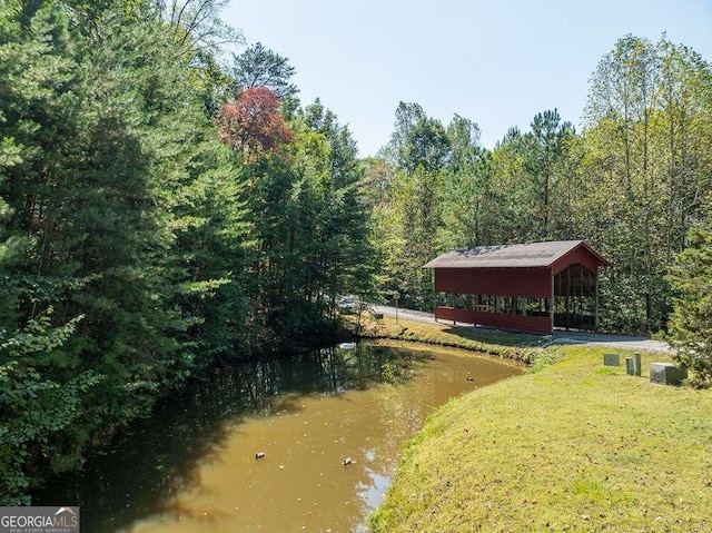 view of home's community with a water view and a yard