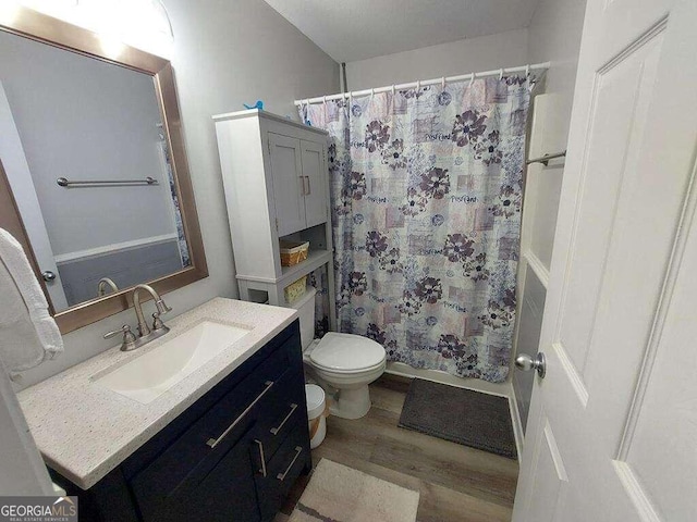 bathroom with vanity, wood-type flooring, a shower with shower curtain, and toilet