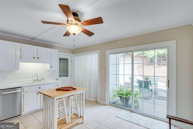 kitchen with ceiling fan, sink, decorative backsplash, stainless steel dishwasher, and white cabinetry