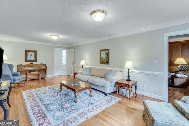 living room with light hardwood / wood-style floors, ornamental molding, and a textured ceiling