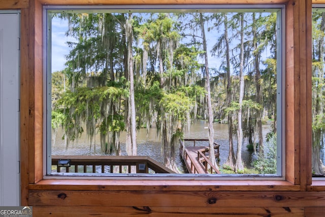 interior details with a water view