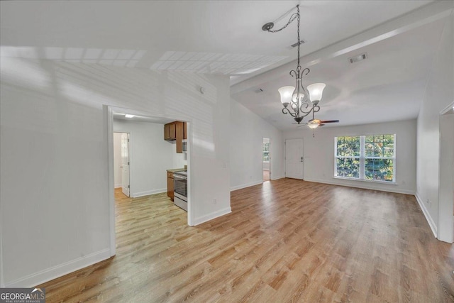 interior space featuring a chandelier, light wood-style flooring, vaulted ceiling with beams, and baseboards