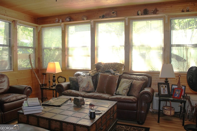 living room with hardwood / wood-style floors and wooden walls