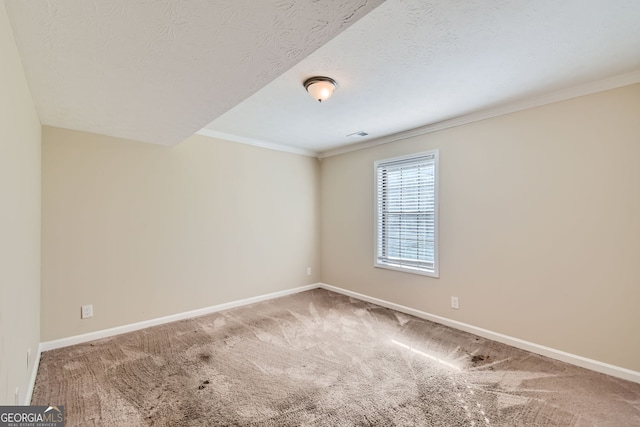 spare room with ornamental molding, carpet flooring, and a textured ceiling