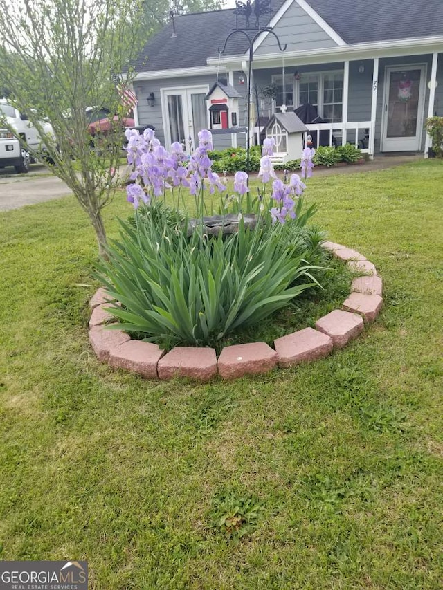 view of front of home featuring a front yard and roof with shingles